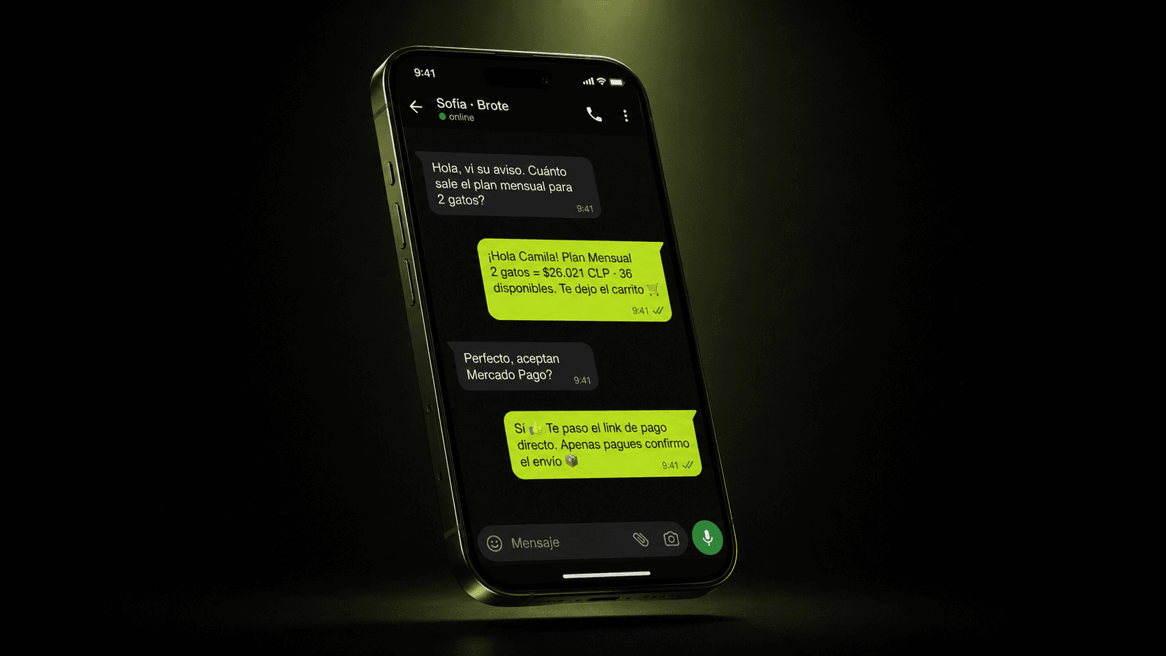 Brote en iPhone — chat WhatsApp con agente IA
